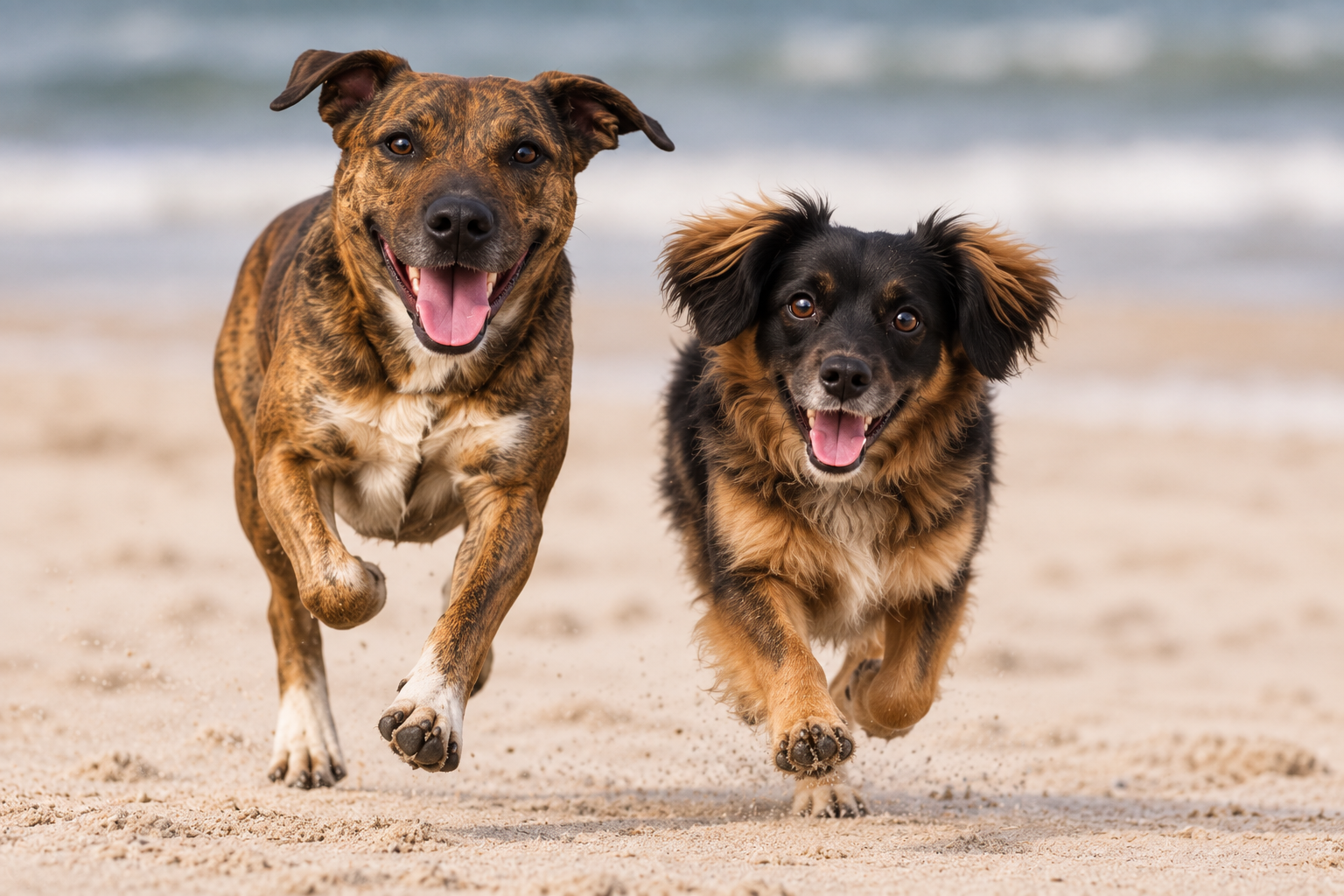 Alika and Nugget running on the beach together, the dogs behind the Alika & Co name