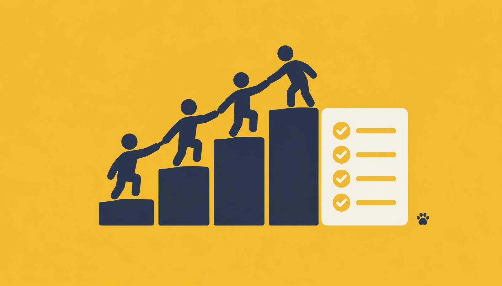 Illustration of people climbing steps beside a checklist, representing a growing team